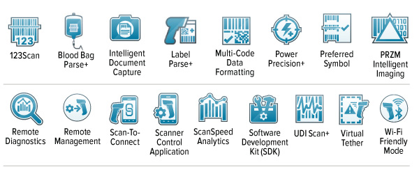 Iconos de DNA Mobility del escáner ultrarresistente DS3600-KD: 123Scan, Blood Bag Parse+, Intelligent Document Capture, Label Parse+, Multi-Code Data Formatting, Power Precision+, Preferred Symbol, PRZM Intelligent Imaging, Remote Diagnostics, Remote Management, Scan-To-Connect, Scanner Control Application, ScanSpeed Analytics, Software Development Kit (SDK), UDI Scan+, Virtual Tether, Wi-Fi Friendly Mode