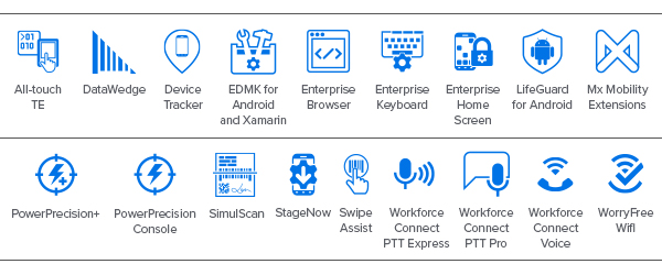Icône MC9300 Mobility DNA, icône All-touch TE, icône DataWedge, icône Device Tracker, icône EMDK pour Android et Xamarin, icône Enterprise Browser, icône Enterprise Keyboard, icône Enterprise Home Screen, icône LifeGuard, icône Mx Mobility Extensions, icône PowerPrecision+, icône PowerPrecision Console, icône SimulScan, icône StageNow, icône Swipe Assist, icône Workforce Connect PPT Express, Workforce Connect PPT Pro, icône Workforce Connect Voice, icônes WorryFree WiFi